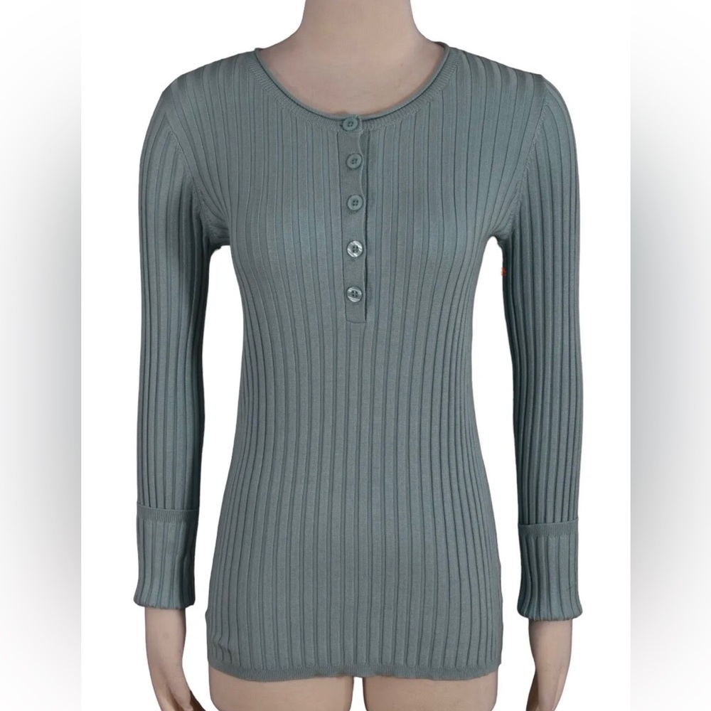 ColdWater Creek Ribbed Henley Viscose Sweater Long Sleeves Sea Glass Green Small